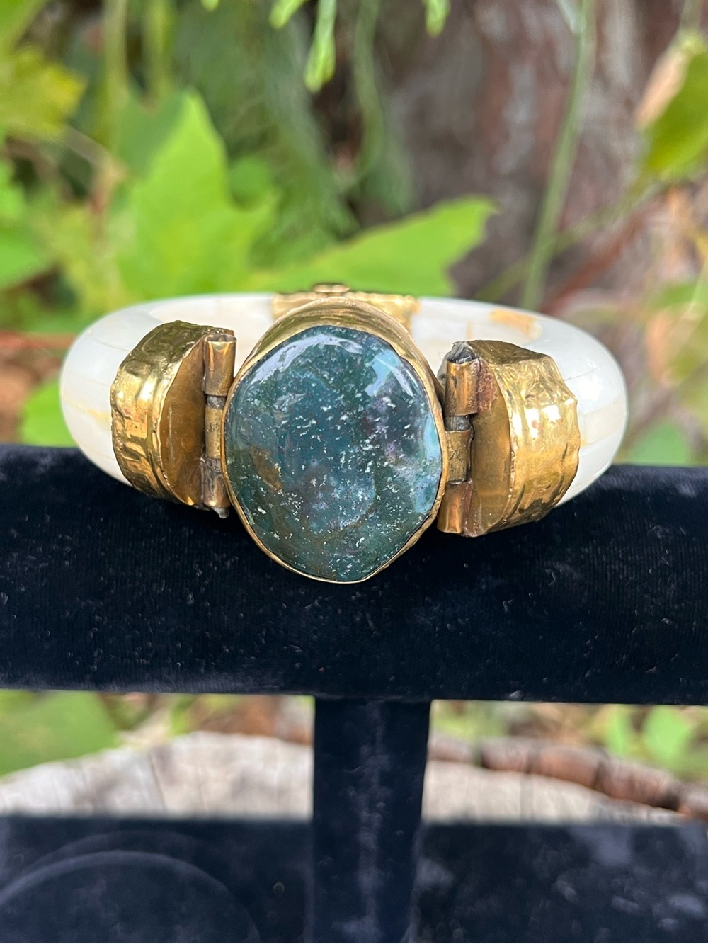 Gold-Tone Jade Green Stone Bone Bangle Bracelet